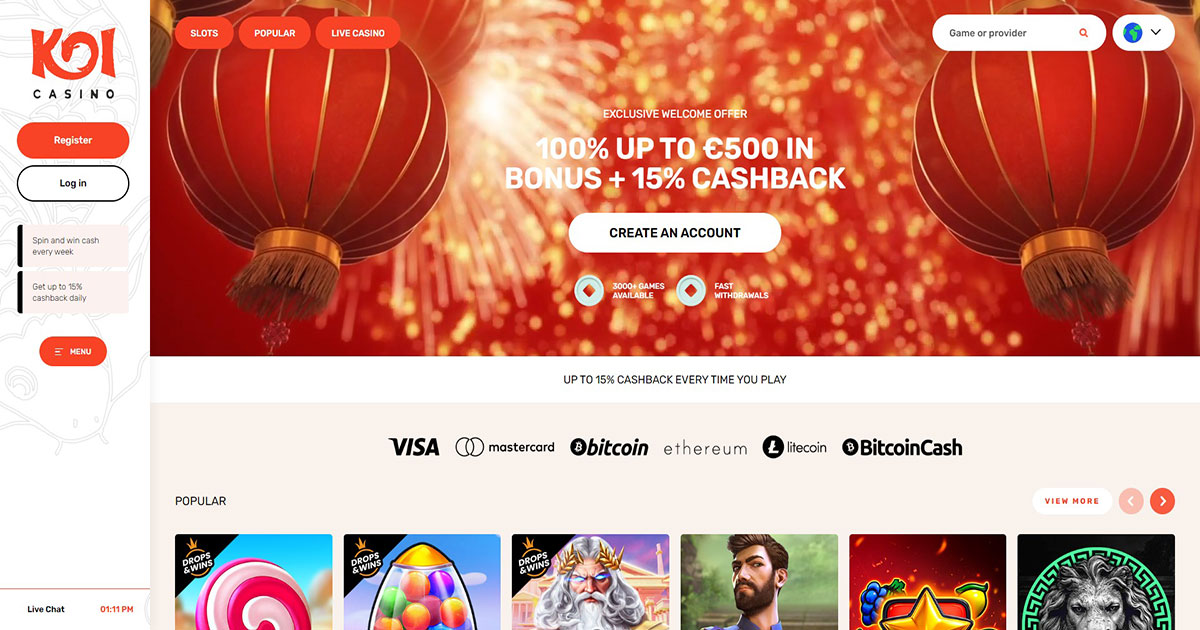 koi casino, welcome offer, cashback