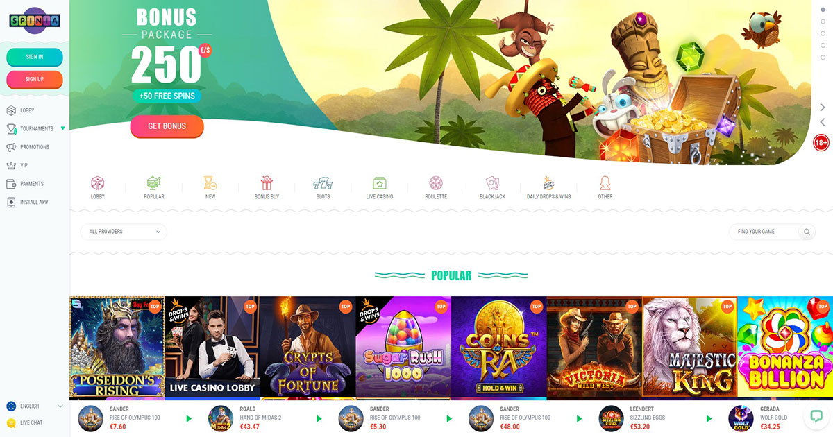 Spinia Casino, online casino, bonus package